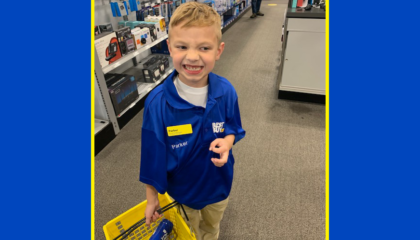 Employees surprised him with his own Best Buy blue shirt and invited him on a shopping spree.