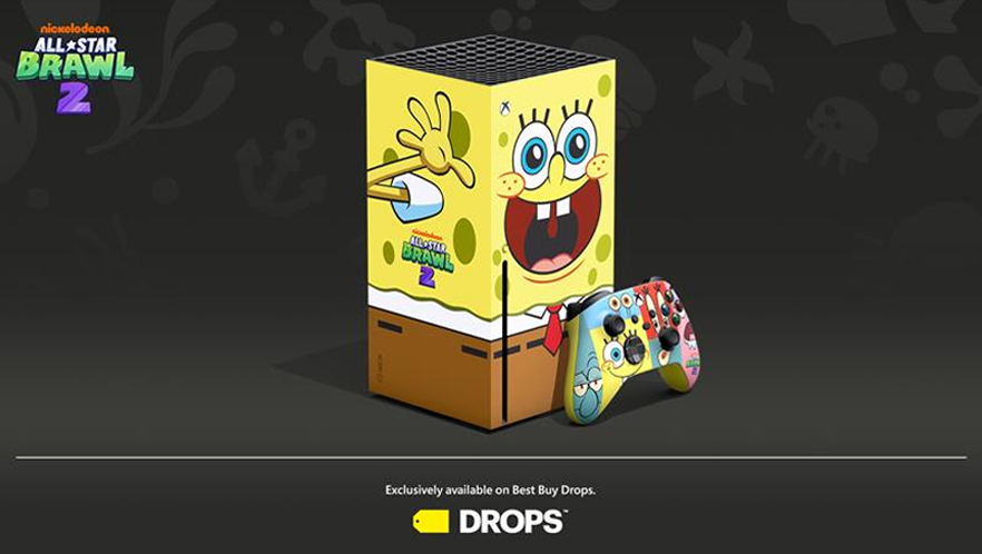 An image of the customed-designed SpongeBob Squarepants Xbox console and controller.