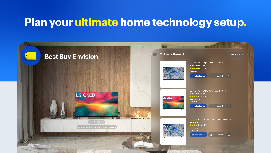 An image of from the perspective of someone using the Best Buy Envision app to see a TV in a room.