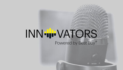 An image of a microphone with the Innovators Powered by Best Buy logo