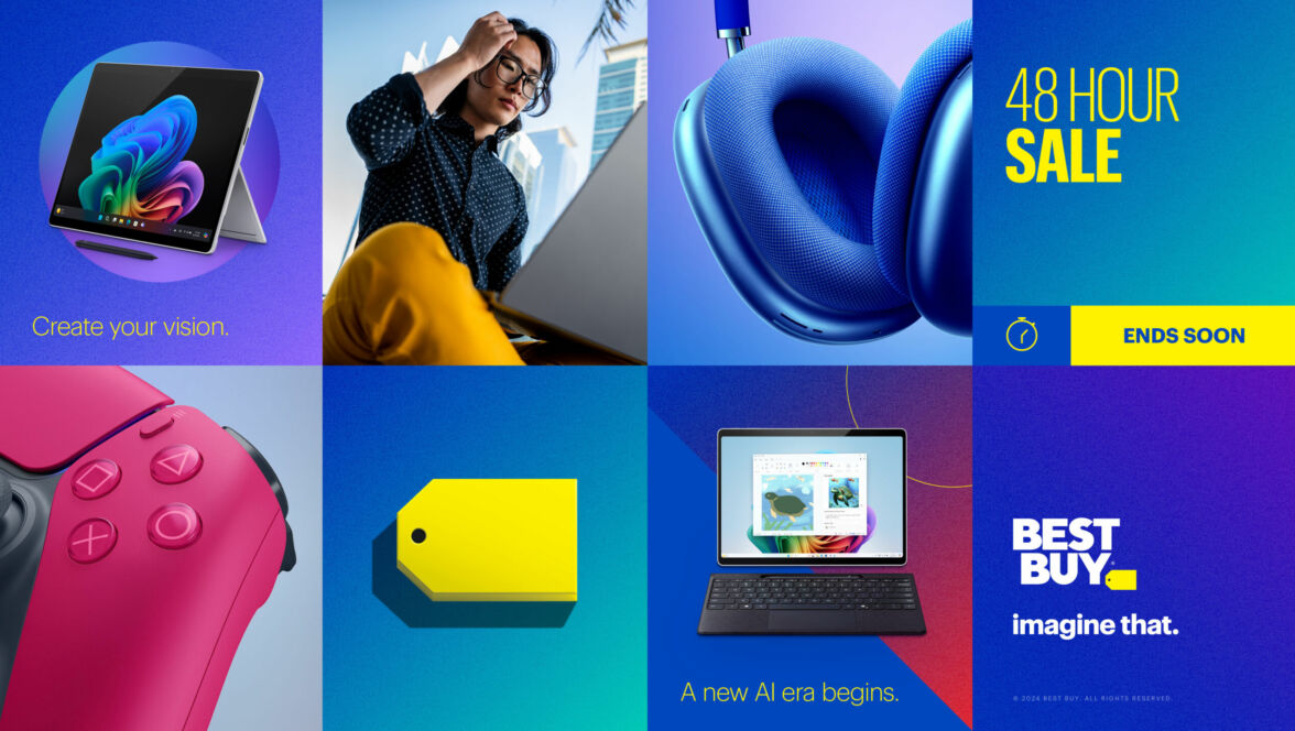 A photo collage featuring Best Buy's refreshed brand style.